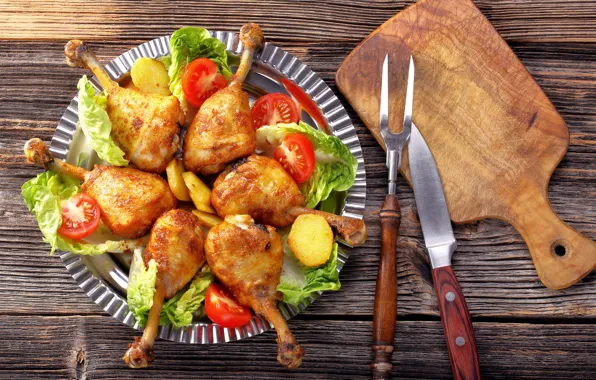 Chicken, knife, Board, legs, vegetables, tomatoes, salad
