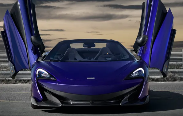 McLaren, door, supercar, front view, Spider, 2019, 600LT, Lantana Purple