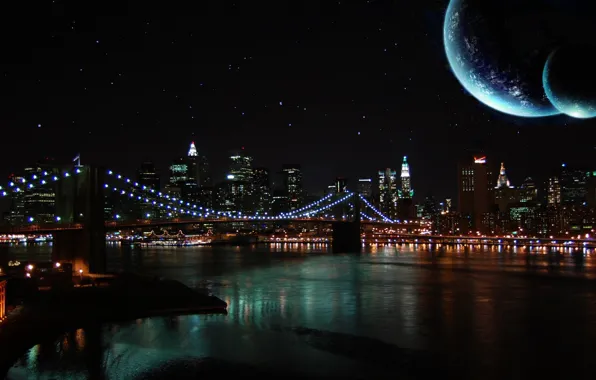 The sky, night, bridge, river, the moon
