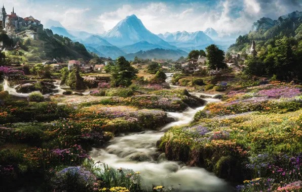 Clouds, landscape, flowers, mountains, nature, fog, stream, stones