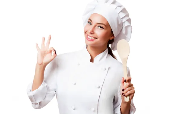 Picture smile, makeup, spoon, white background, cook, brown hair, beauty, gesture