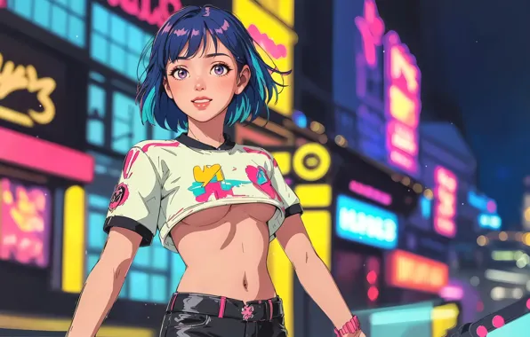 City, city lights, short hair, digital art, artwork, anime girls, no bra, underboob