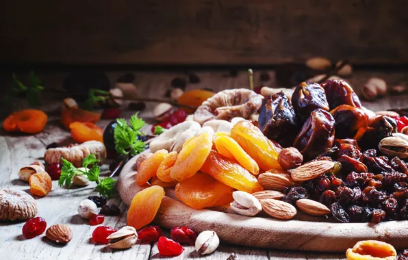 Nuts, placer, a lot, different, bokeh, raisins, dried apricots, dried fruits