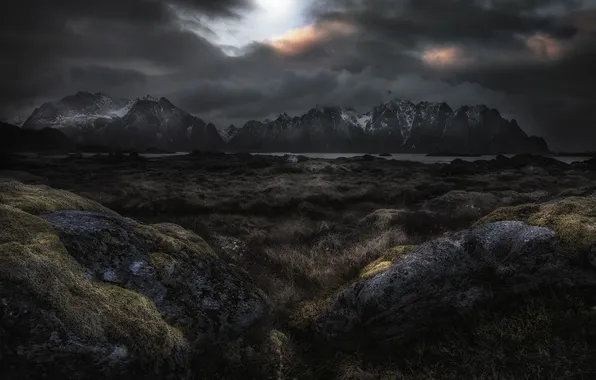 Field, grass, mountains, clouds, stones, shore, Iceland, boulders