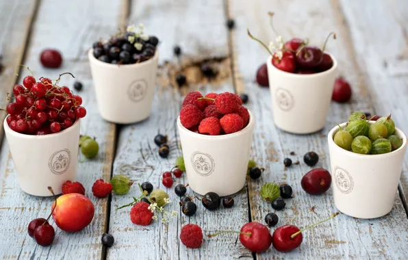 Picture cherry, berries, raspberry, table, dishes, black, red, currants