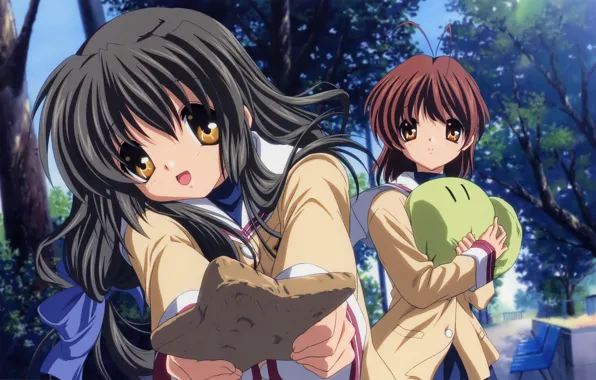 Park, cookies, clannad, benches, school uniform, art, friend, kazumi ikeda