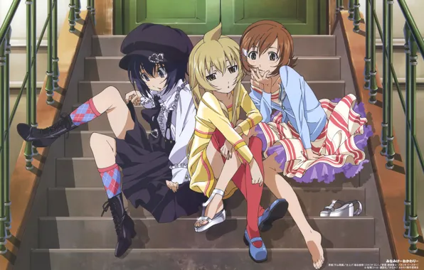 Shoes, railings, cap, art, friend, sandals, on the stairs, skirts