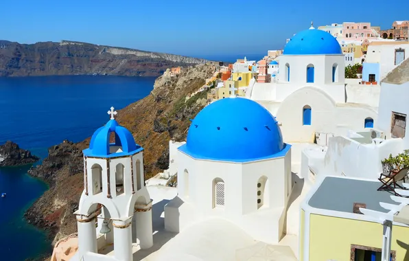 Picture sea, mountains, home, Santorini, Greece, Church, dome, bell
