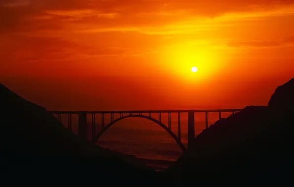Picture sea, the sun, sunset, bridge