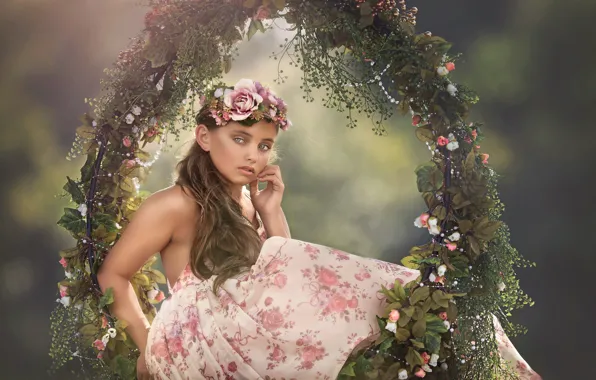 Flowers, swing, dress, girl, wreath