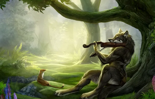 Forest, fantasy, violin, wolf, friends, violinist