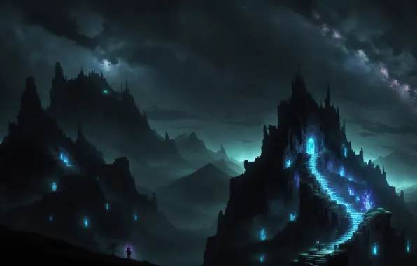 Mountains, night, trail, stage, Valley, the night sky, digital art, AI art