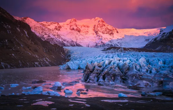 Sunset, mountains, glacier, Iceland