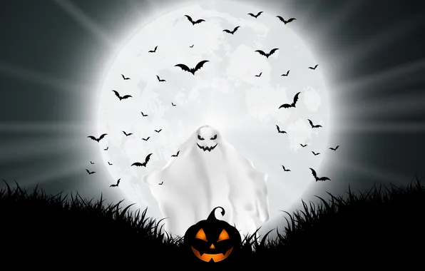 Night, The moon, Pumpkin, Halloween, Halloween, The full moon, Bats, Creepy