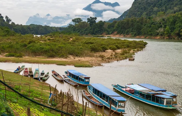 Forest, clouds, trees, mountains, river, boat, jungle, Laos