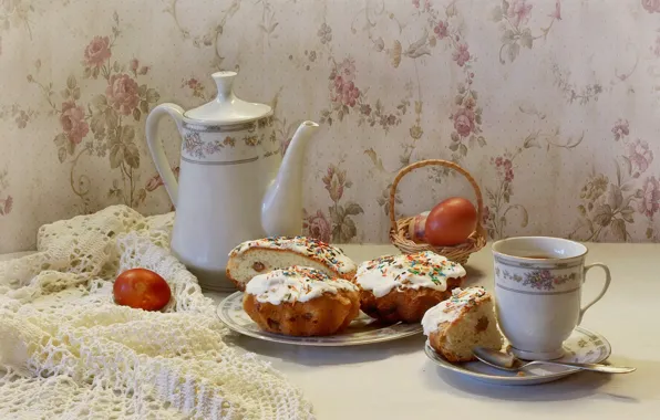 Table, tea, eggs, kettle, plate, Easter, spoon, Cup