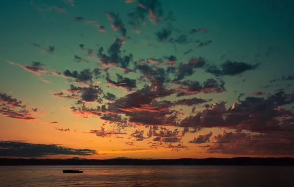 The sky, clouds, mountains, lake, boat, the evening, glow