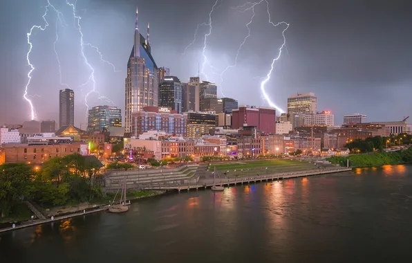 The storm, clouds, the city, coast, zipper, lightning, USA, Nashville
