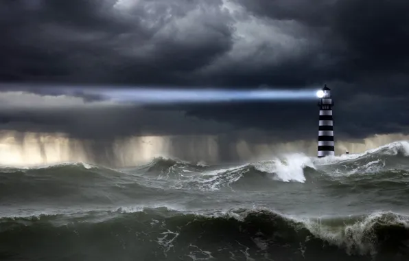 Picture The OCEAN, The SKY, ELEMENT, WAVE, RAIN, The SHOWER, LIGHTHOUSE, RAY