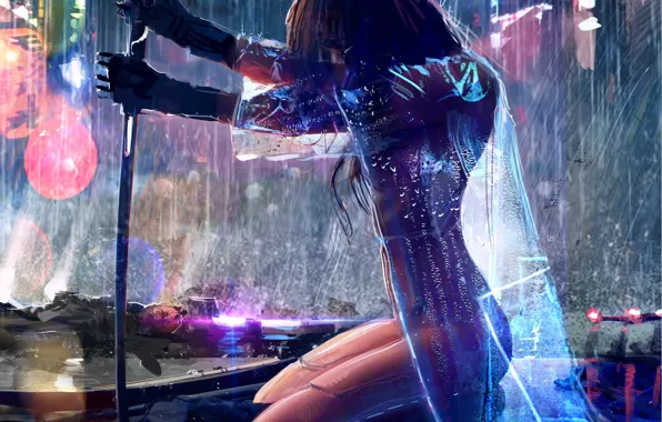 Girl, weapons, rain, sci-fi