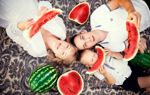 Joy, watermelon, family, mom, son, dad
