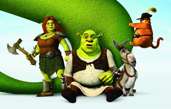 Picture Shrek, cartoon, hat, poster, Ogre, sword, puss in boots, donkey