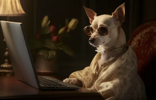 Dog, Glasses, Laptop, Bathrobe, Creative, Digital art, AI art, The Art of Artificial Intelligence