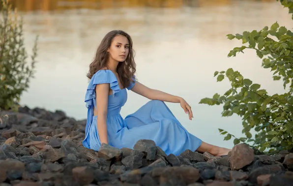 Easy, stones, shore, pond, beautiful girl, charm, blue dress, femininity