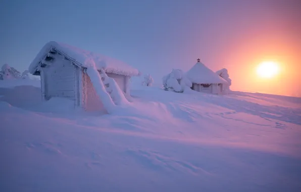 Picture winter, snow, landscape, nature, Lapland, houses, Andrey Bazanov, Andrei Bazanov