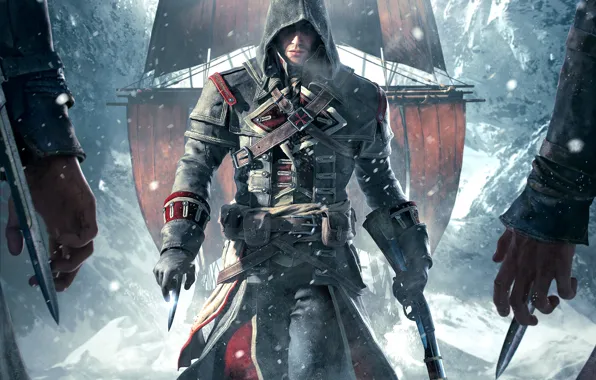 Picture snow, weapons, ship, ice, hands, hood, Templar, sails