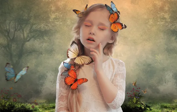 Picture forest, grass, butterfly, flowers, glade, figure, girl, colorful
