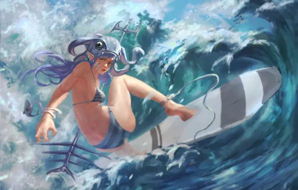 Sea, girl, wave, surfing, Board, League of Legends, fizz, Tidal Trickster