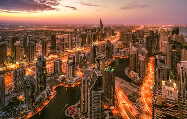 Sunset, the city, lights, height, skyscrapers, the evening, Dubai, UAE
