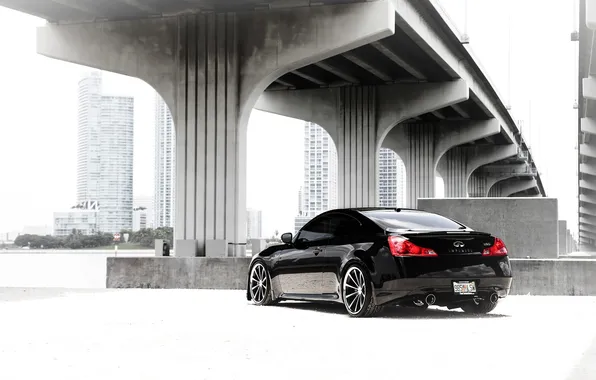 Bridge, black, Infiniti, black, skyscrapers, infiniti, the rear part, concrete pillars