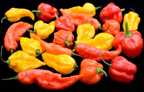 Yellow, red, the dark background, pepper, sweet, burning