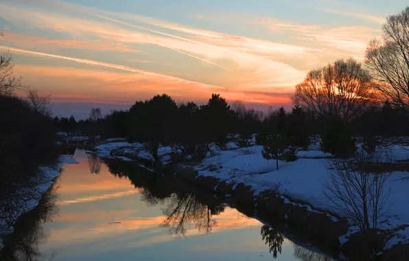 Snow, reflection, river, Sunset