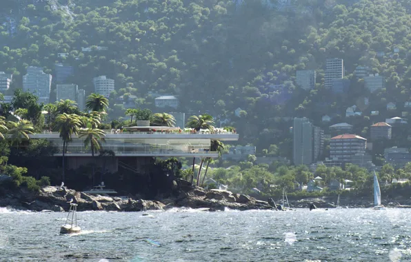 Sea, forest, mountains, palm trees, people, shore, building, yachts
