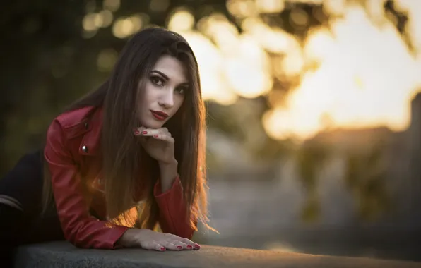 Look, face, model, lipstick, jacket, red, leather, Daniela