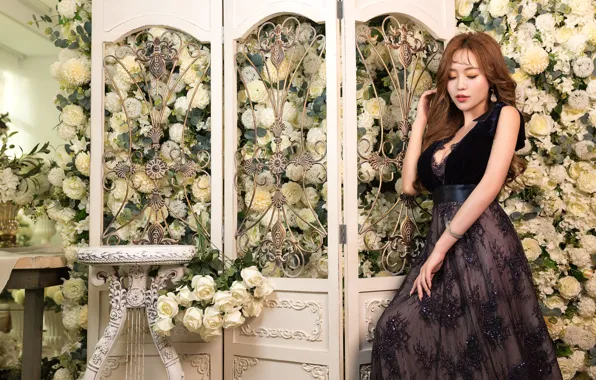 Picture girl, flowers, dress, Asian