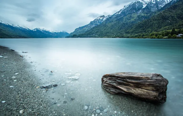 Forest, mountains, lake, stones