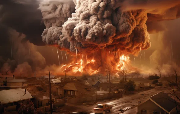 Home, Smoke, Fire, Mushroom, The explosion, Clouds, Digital art, A nuclear explosion