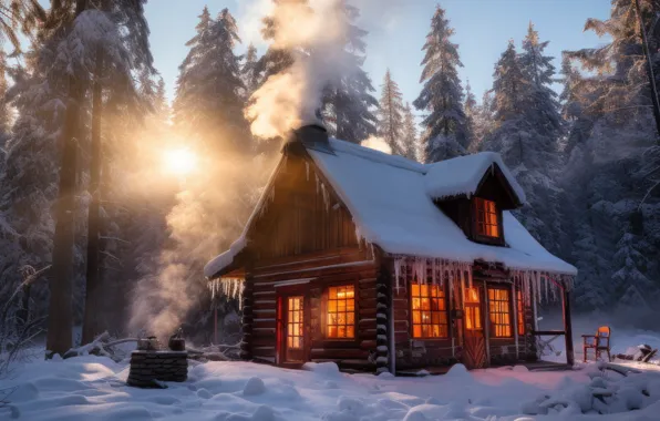 Winter, forest, snow, night, house, Christmas, New year, house