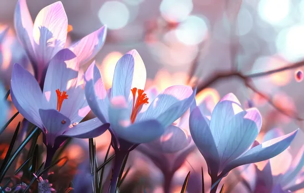 Light, flowers, glade, spring, blue, crocuses, white, Krokus
