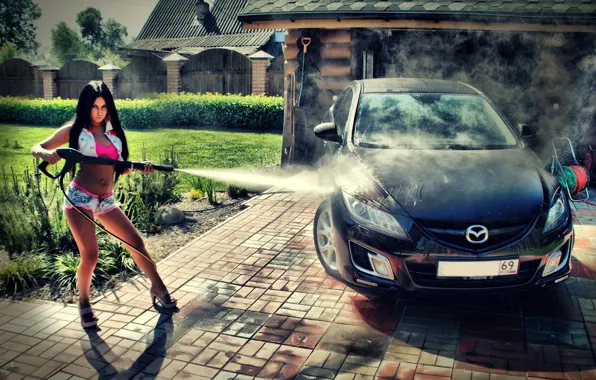 Water, girl, garage, brunette, black, Mazda, sink