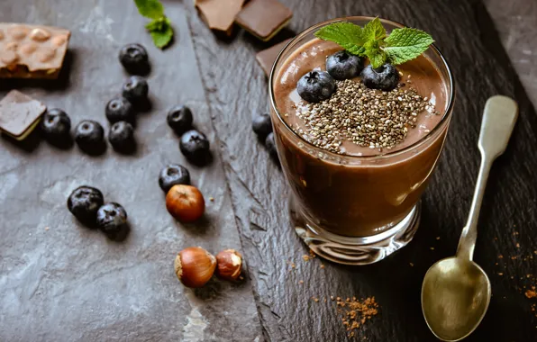 Berries, chocolate, drink, nuts, fresh, smoothies