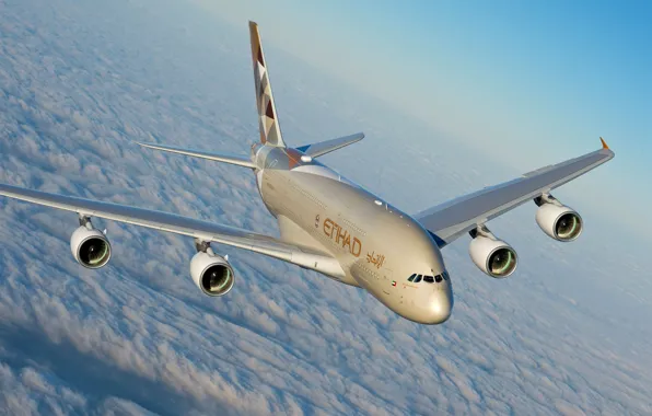 Clouds, A380, Airbus, Etihad Airways, Airbus A380, A passenger plane, Airbus A380-800