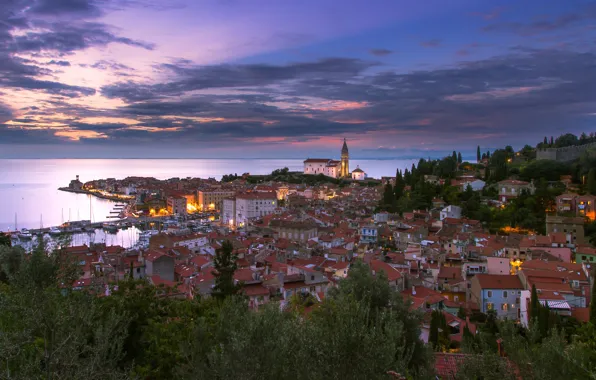 Picture sea, sunset, coast, building, panorama, Piran, Slovenia, Slovenia