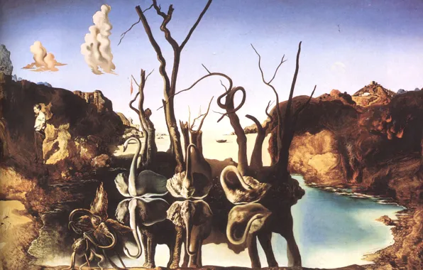 Surrealism, picture, artist, swans, Salvador Dali, reflecting in elephants, Salvador Dali, 1937