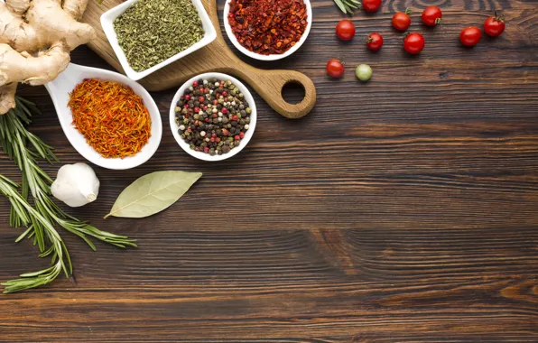 Picture pepper, spices, garlic, ginger, cherry, rosemary, paprika, Bay leaf