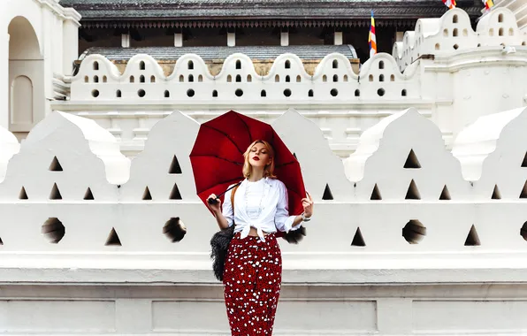 Architecture, gesture, beautiful girl, red umbrella, closed eyes, Ruslan Bolgov (Axe), The Royal White